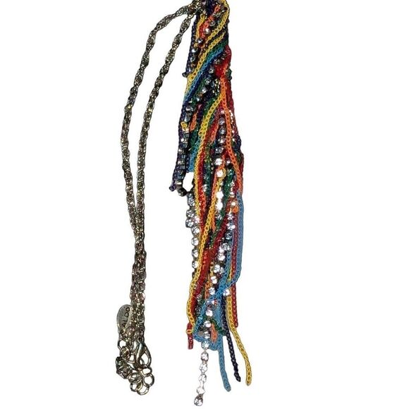 Vintage Multi Colored Chain Fringe and CZ Boho Necklace… Rare! - Picture 4 of 11